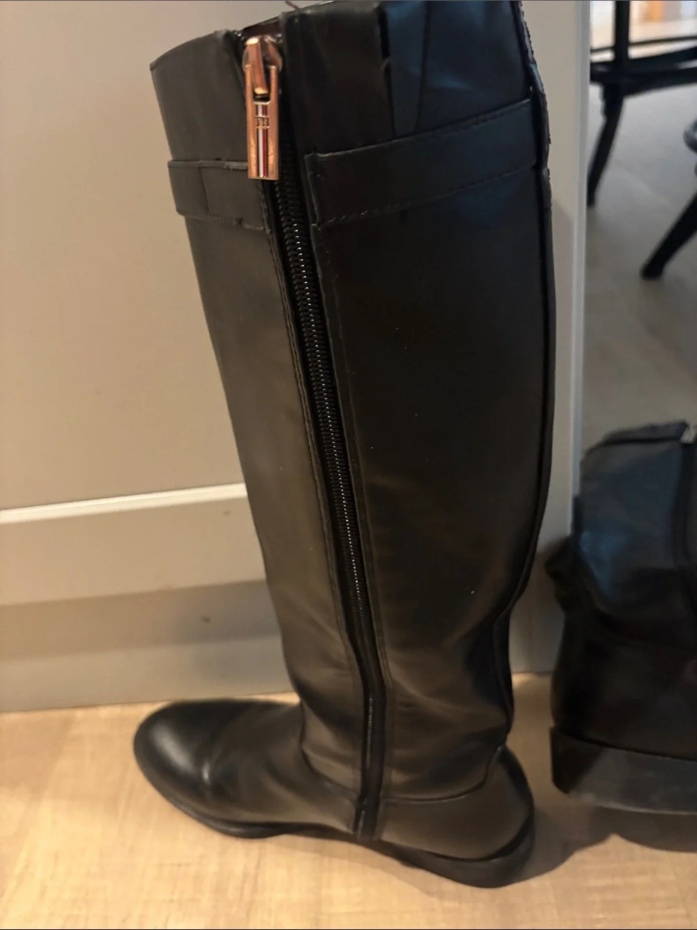 Tommy Hilfiger Black Over-the-Knee Leather Riding Boots with Gold Buckle